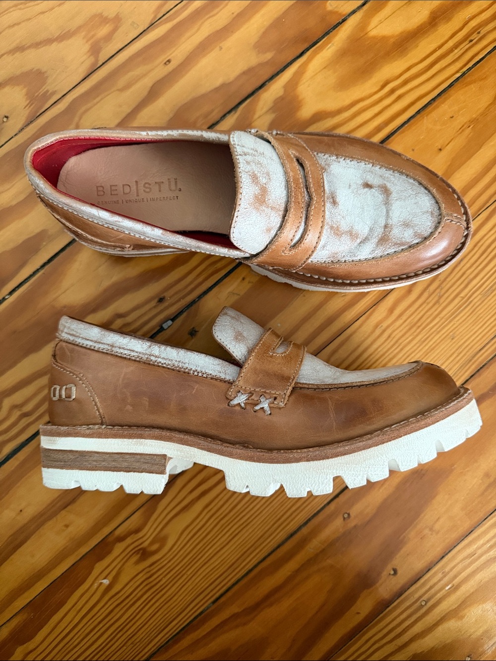Bed Stu Tan Leather & Cream Haircalf Penny Loafers